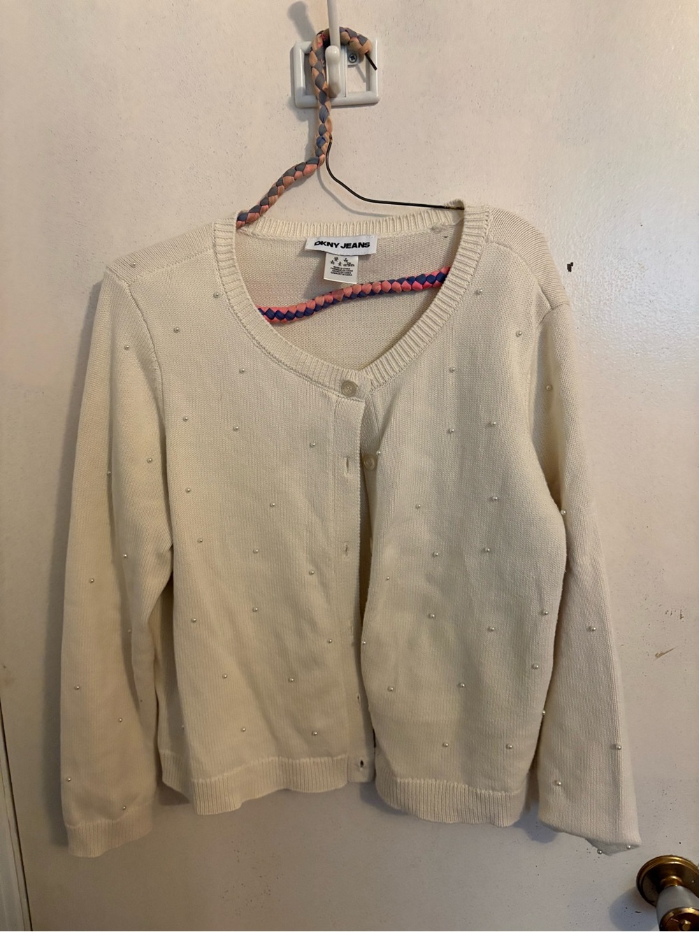DKNY Cream Pearl-Accent Women's Cardigan Sweater